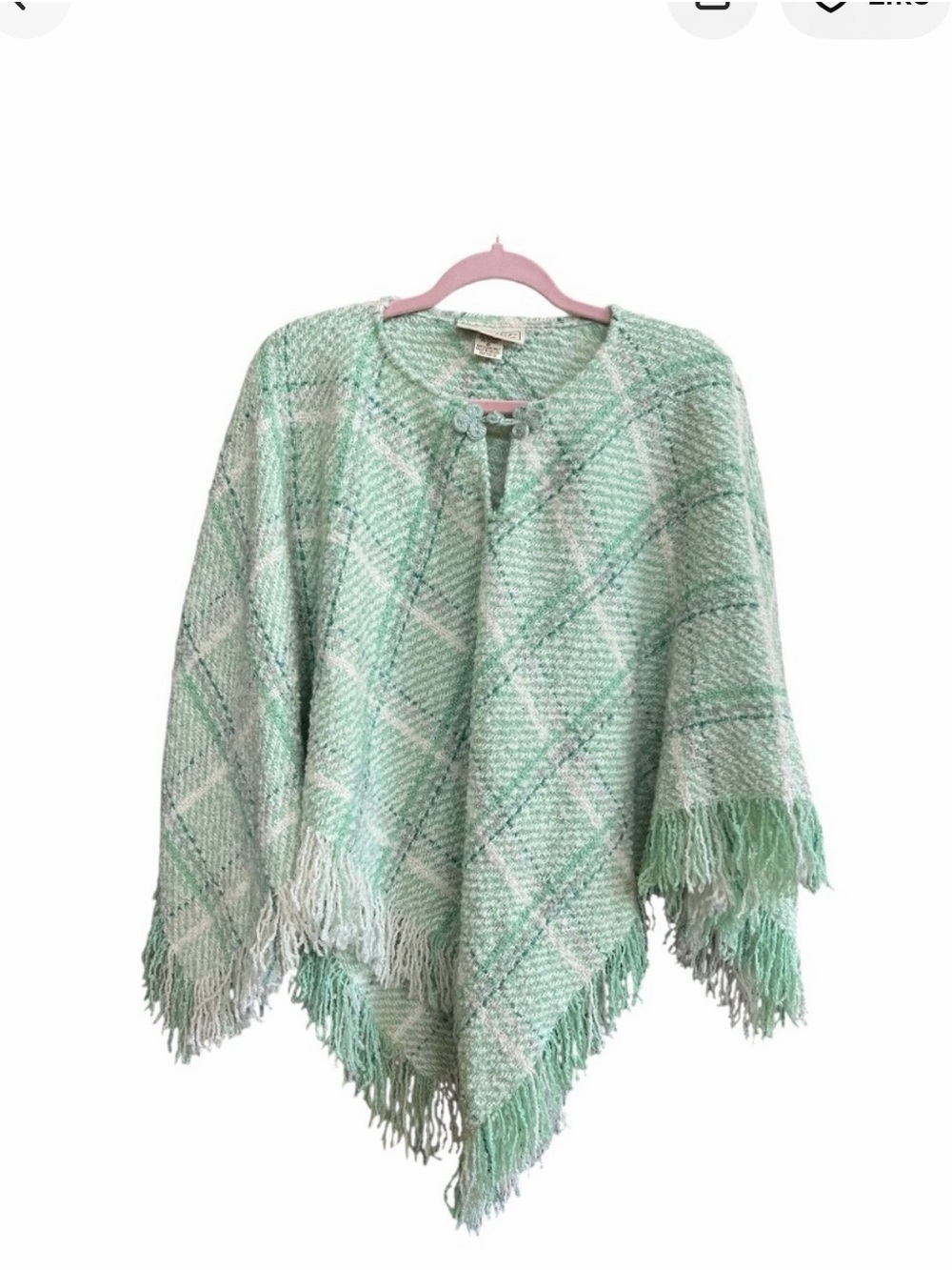 Mint Green Plaid Fringe Poncho Sweater